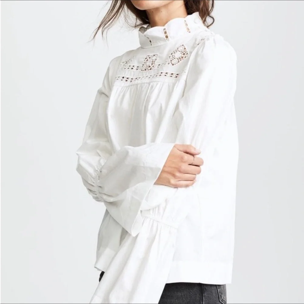 Free People White Cotton Blouse Size XS Bell Sleeves Crochet Eyelet Lace New NWT